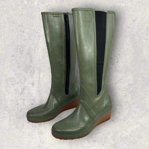 Tretorn Womens 8 Field Green Zip Up Tall Knee High Wedge Hell Rubber Rain Boots